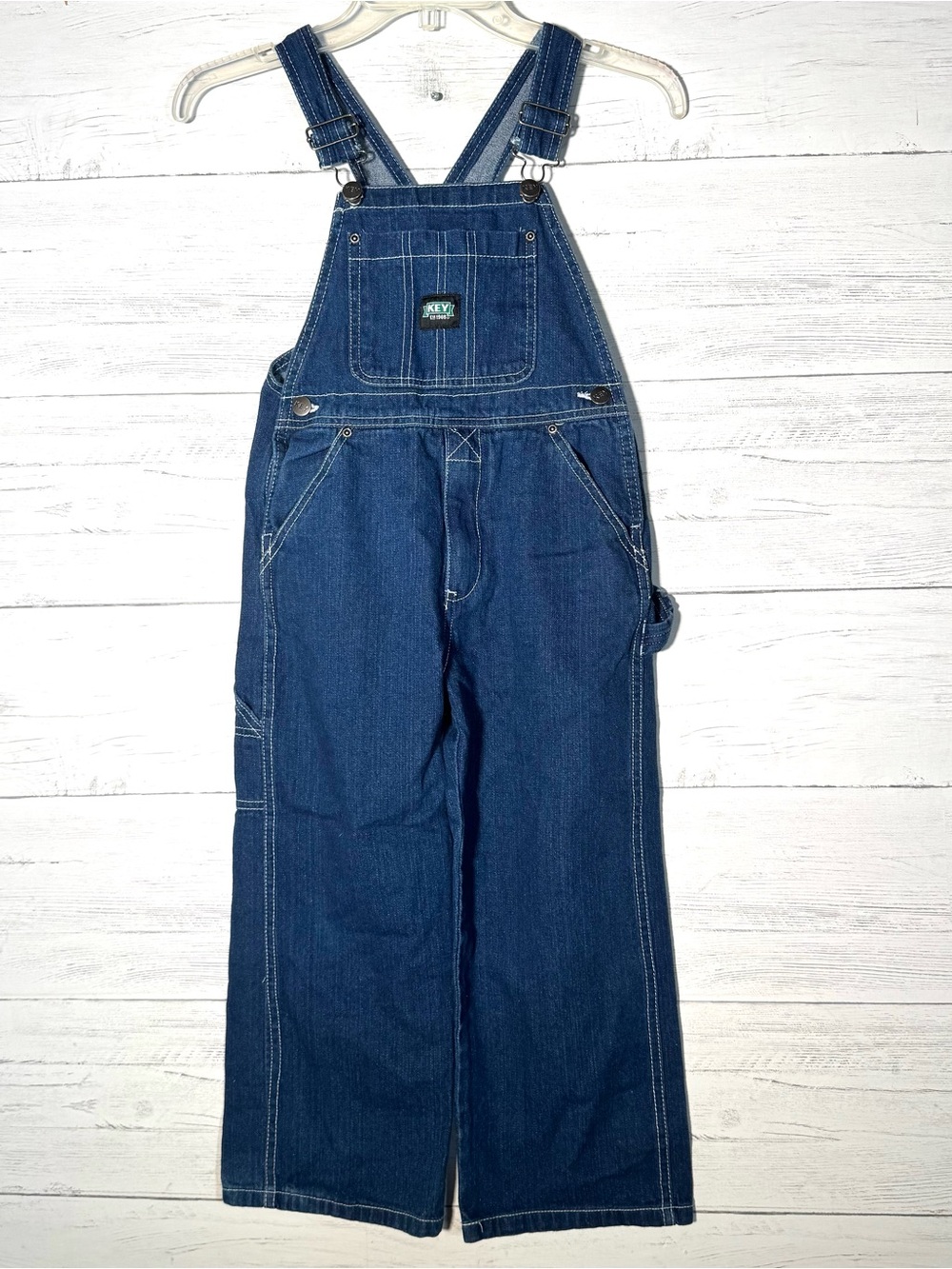 KEY Imperial Blue Denim Bib Overalls Boys Sz 7 Cotton